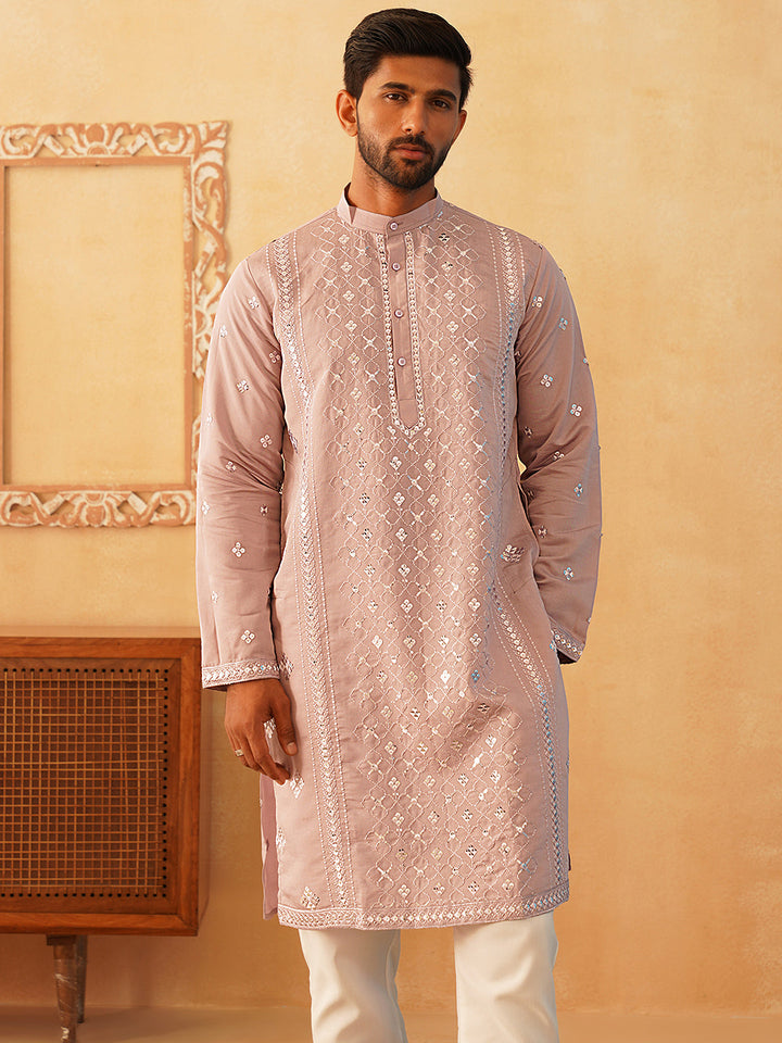 Embroidered &amp; Sequin Cotton Blend Kurta Pyjama Sets