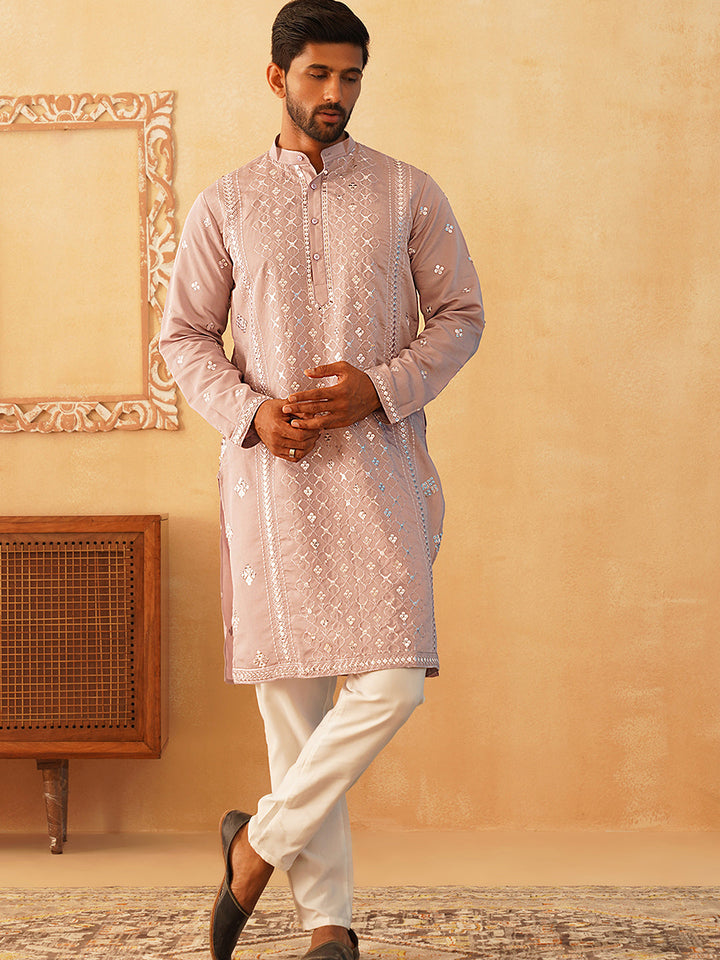 Embroidered &amp; Sequin Cotton Blend Kurta Pyjama Sets