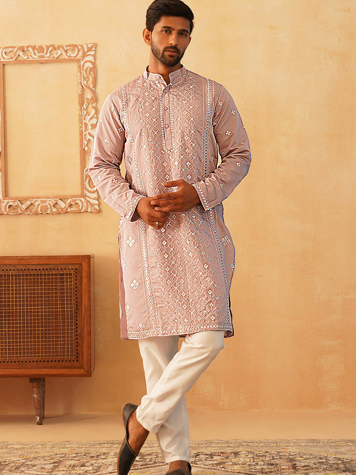Embroidered &amp; Sequin Cotton Blend Kurta Pyjama Sets