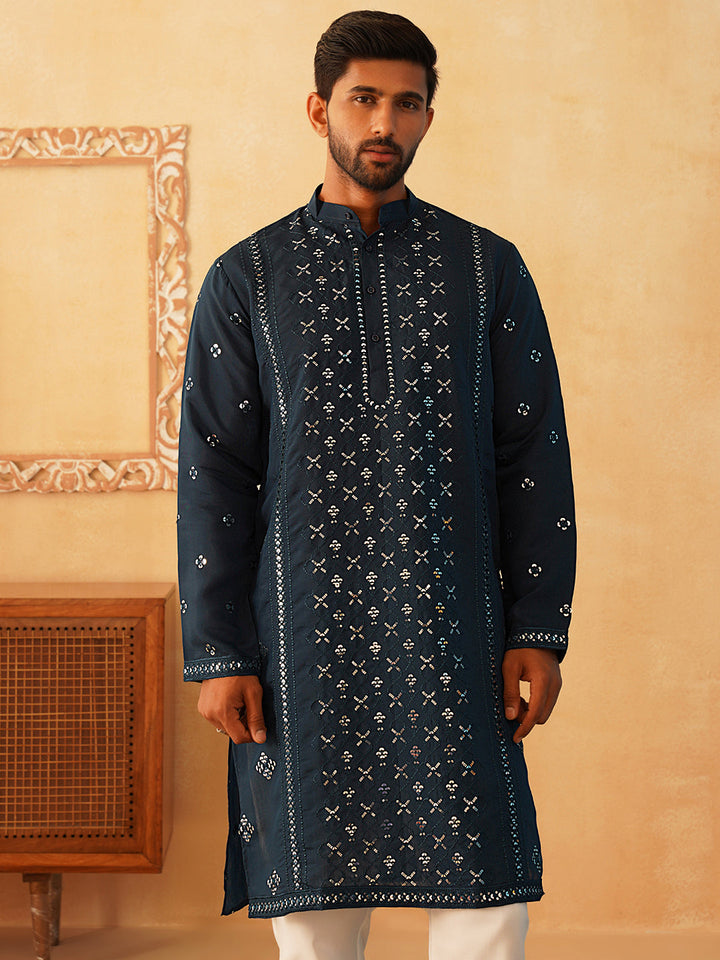 Embroidered &amp; Sequin Cotton Blend Kurta Pyjama Sets