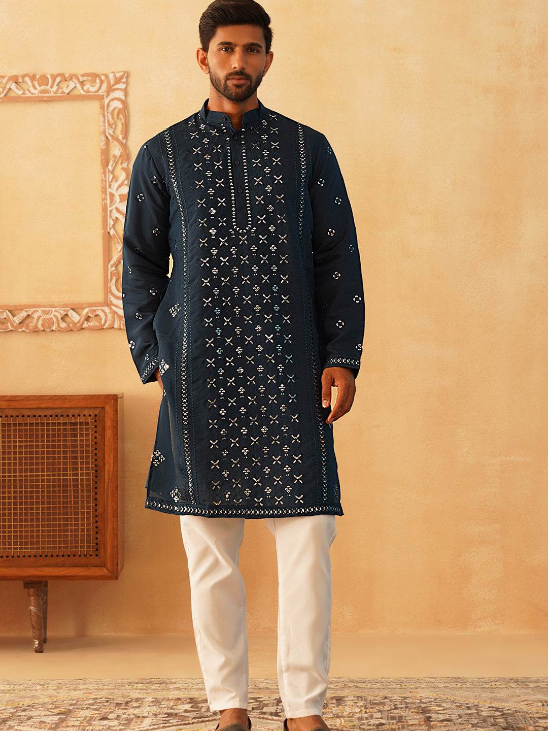 Embroidered &amp; Sequin Cotton Blend Kurta Pyjama Sets