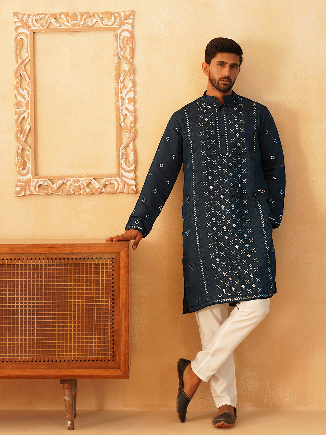 Embroidered &amp; Sequin Cotton Blend Kurta Pyjama Sets