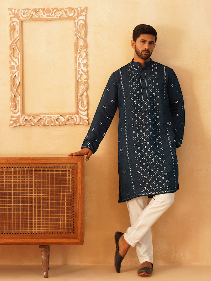 Embroidered &amp; Sequin Cotton Blend Kurta Pyjama Sets