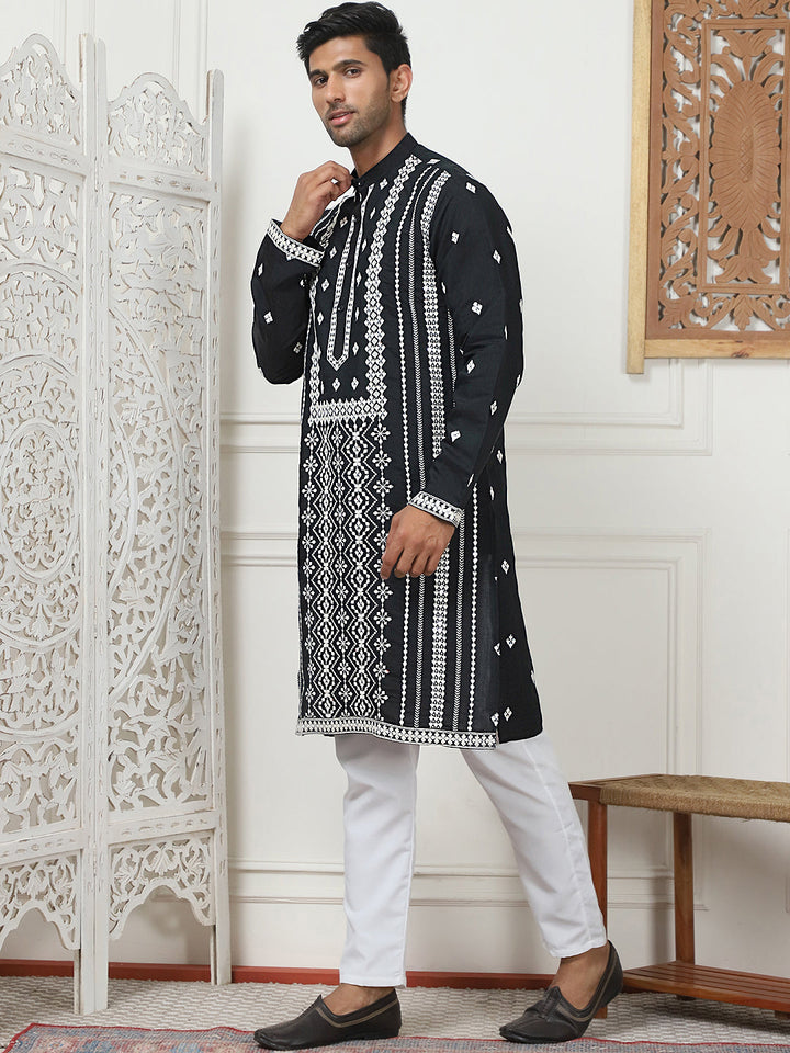 Embroidered &amp; Sequin Cotton Blend Kurta Pyjama Sets