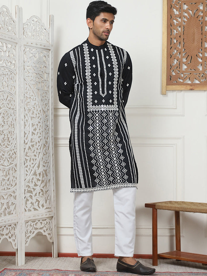 Embroidered &amp; Sequin Cotton Blend Kurta Pyjama Sets