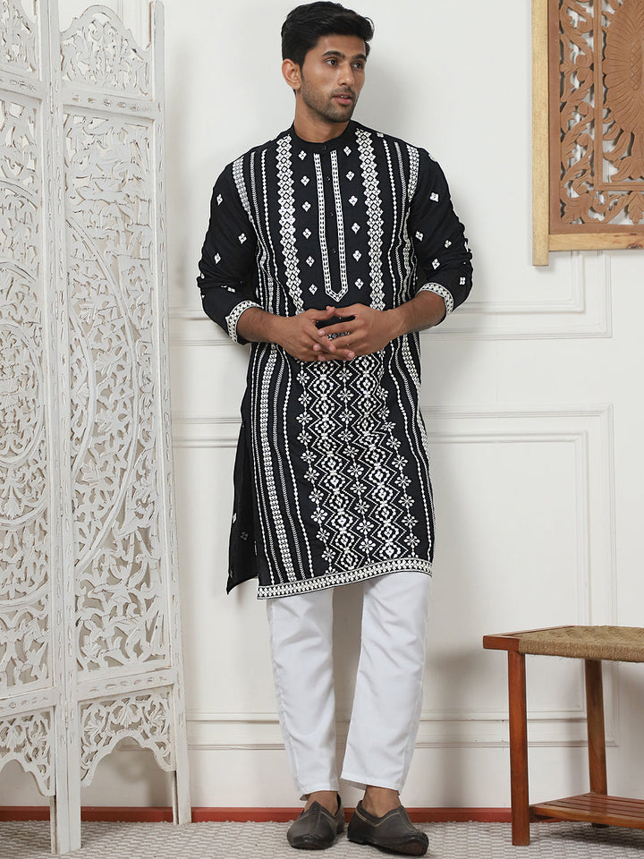 Embroidered &amp; Sequin Cotton Blend Kurta Pyjama Sets