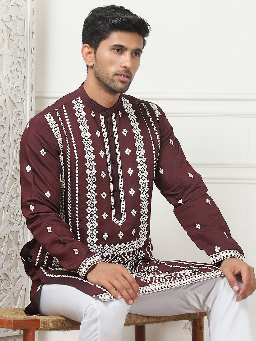 Embroidered &amp; Sequin Cotton Blend Kurta Pyjama Sets