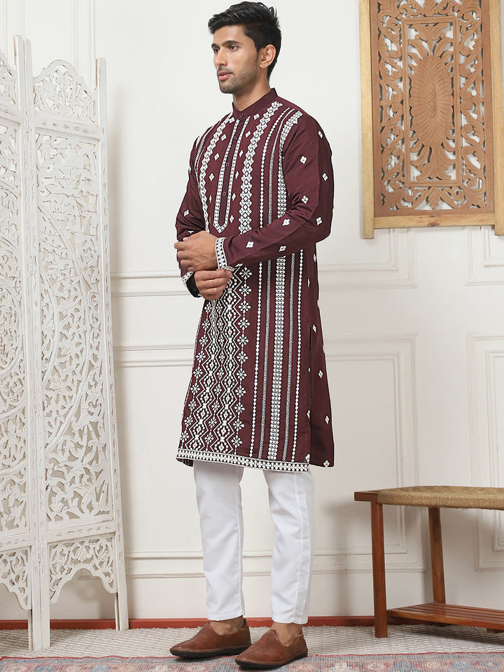 Embroidered &amp; Sequin Cotton Blend Kurta Pyjama Sets