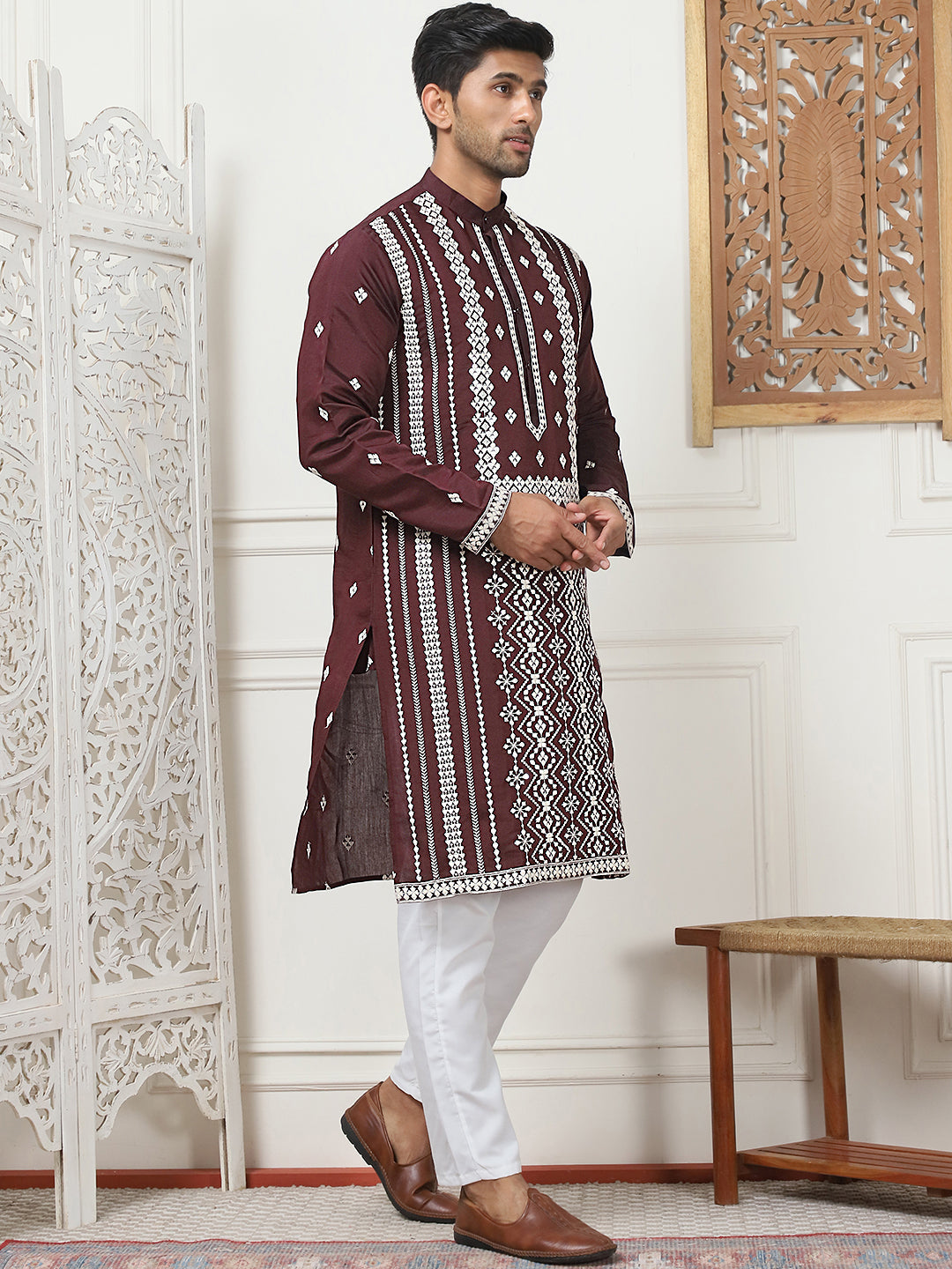 Embroidered &amp; Sequin Cotton Blend Kurta Pyjama Sets