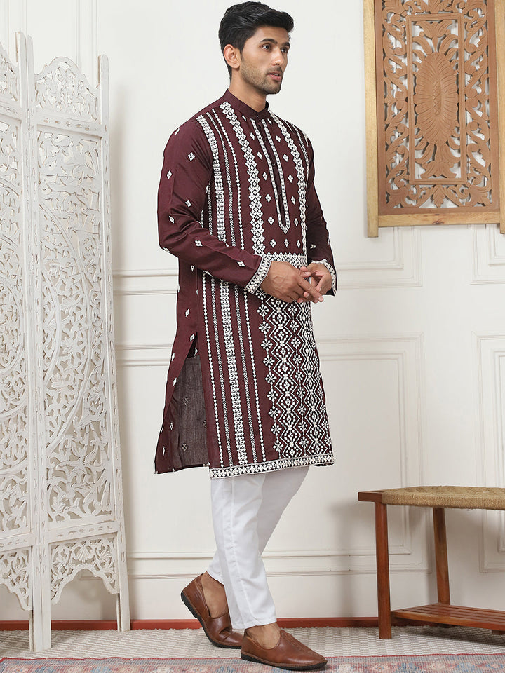 Embroidered &amp; Sequin Cotton Blend Kurta Pyjama Sets
