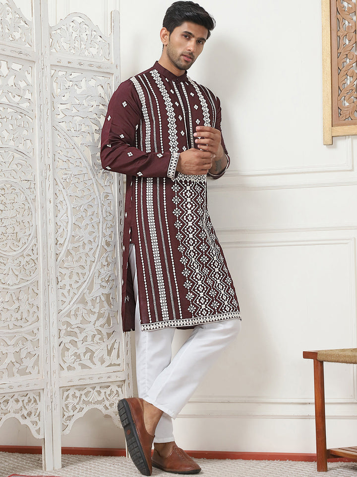 Embroidered &amp; Sequin Cotton Blend Kurta Pyjama Sets