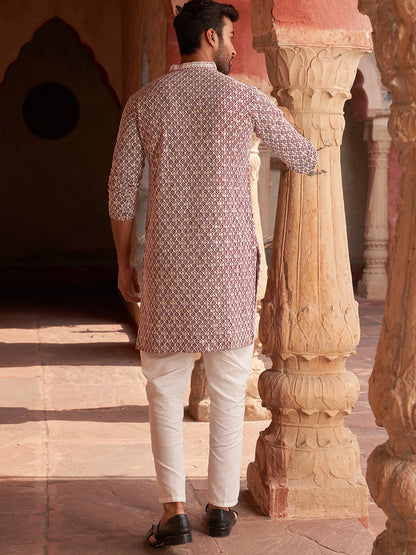 Men'S Maroon Chikankari Embroidered And Sequence Kurta With Pyjama.