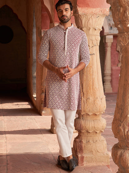 Men'S Maroon Chikankari Embroidered And Sequence Kurta With Pyjama.