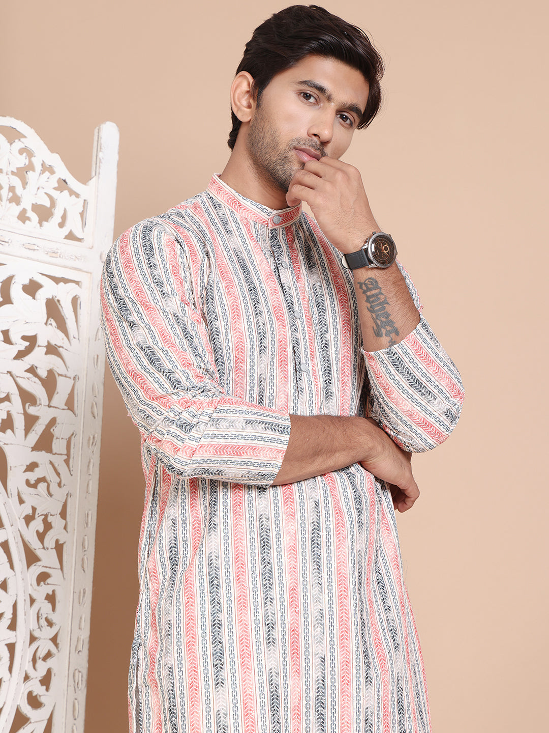Printed And Embroidered Kurta Pyjama Set.