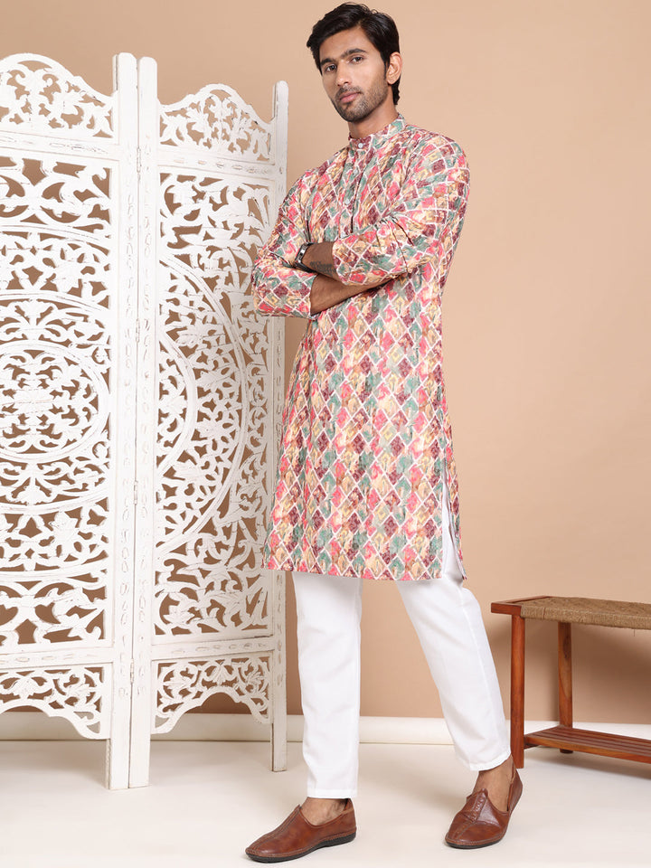 Printed And Embroidered Kurta Pyjama Set.