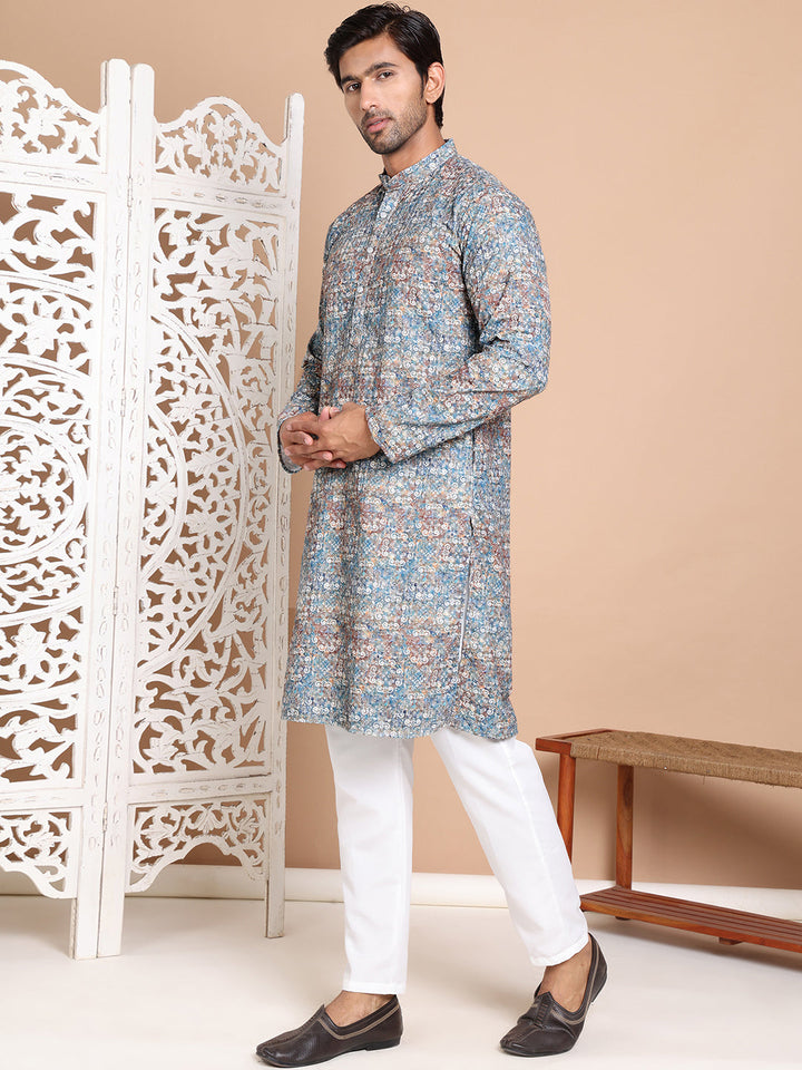 Printed And Embroidered Kurta Pyjama Set.