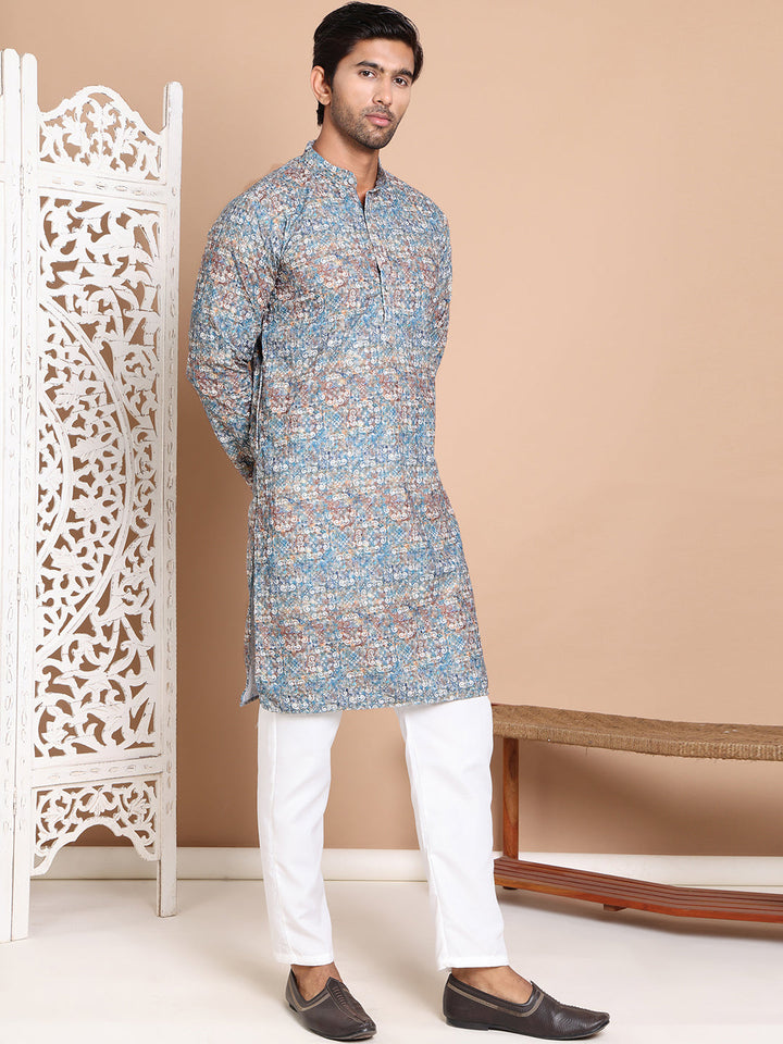 Printed And Embroidered Kurta Pyjama Set.