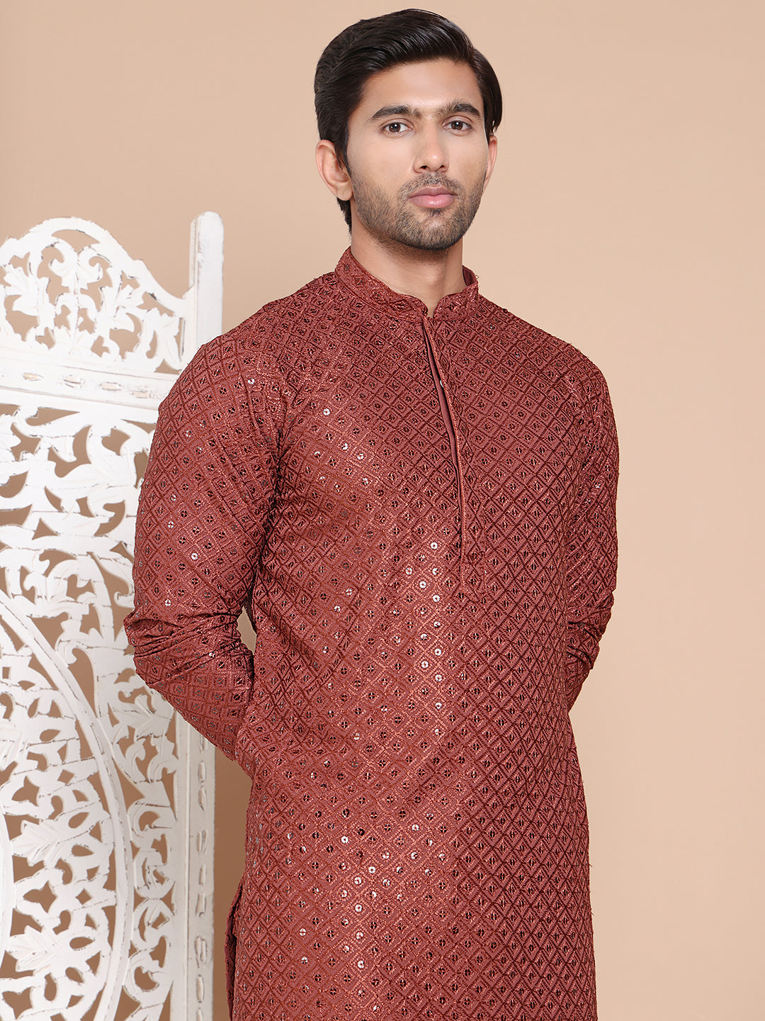 Embroidered And Sequence Kurta With Pyjama For Men.