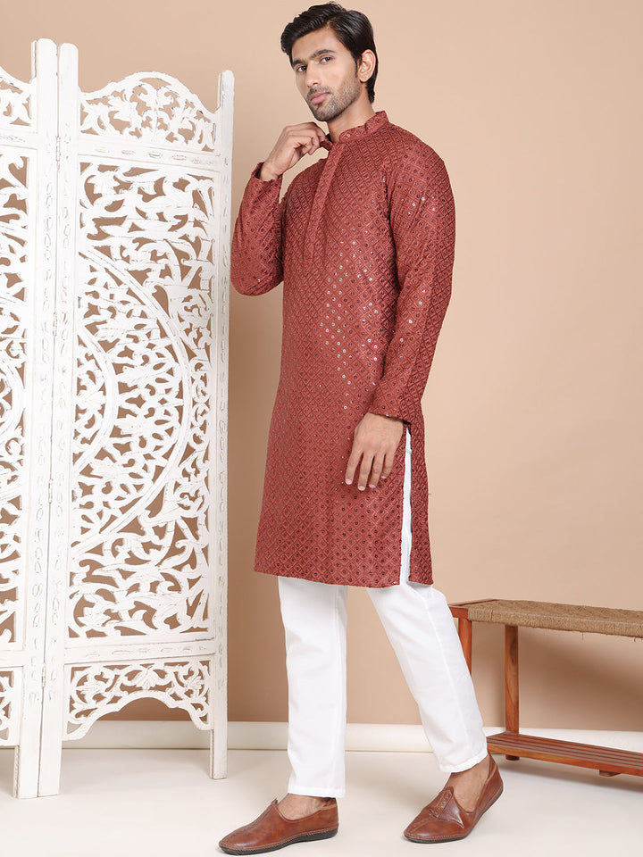 Embroidered And Sequence Kurta With Pyjama For Men.
