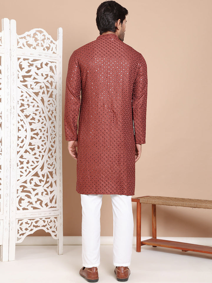 Embroidered And Sequence Kurta With Pyjama For Men.