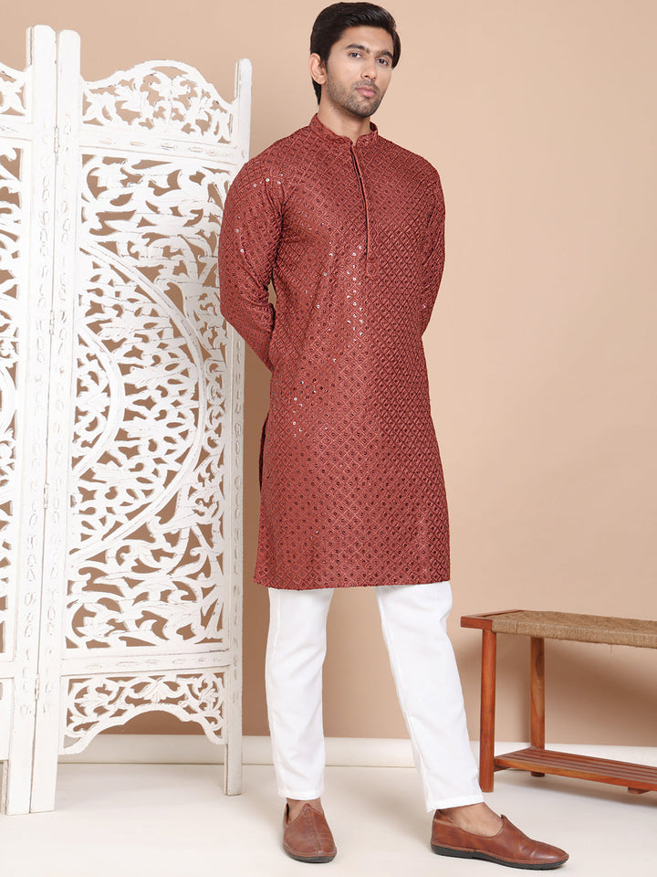Embroidered And Sequence Kurta With Pyjama For Men.
