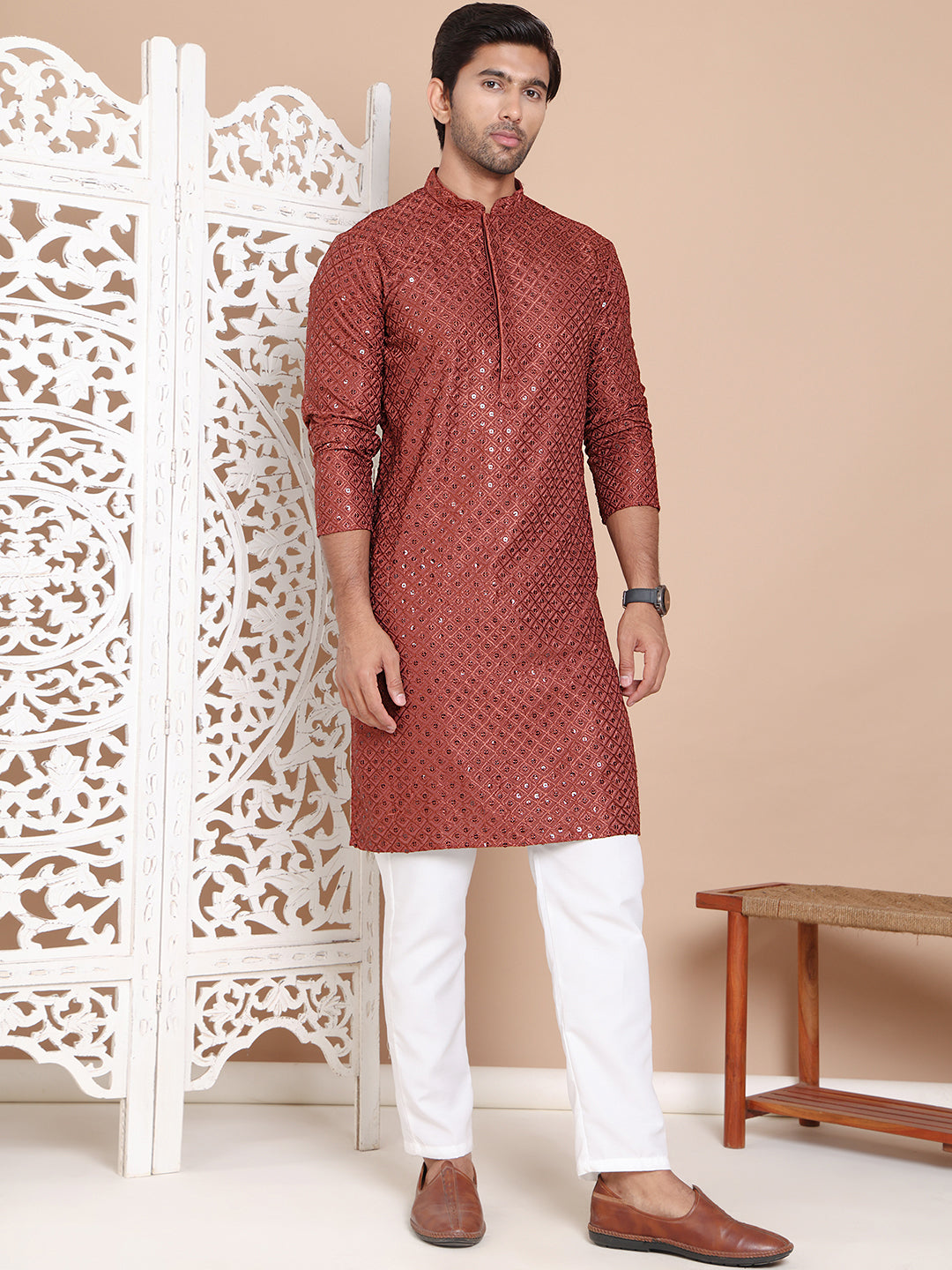 Embroidered And Sequence Kurta With Pyjama For Men.