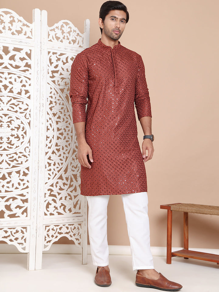 Embroidered And Sequence Kurta With Pyjama For Men.