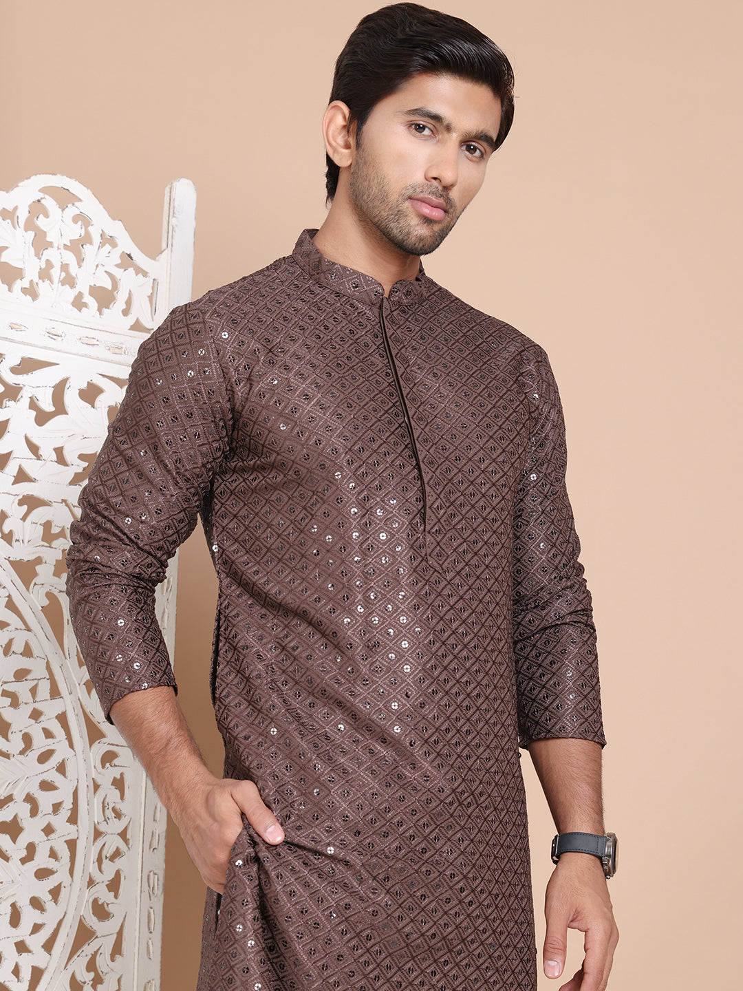 Embroidered And Sequence Kurta With Pyjama For Men.
