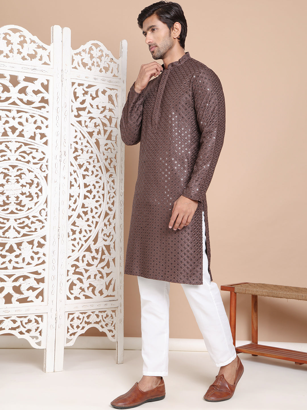 Embroidered And Sequence Kurta With Pyjama For Men.