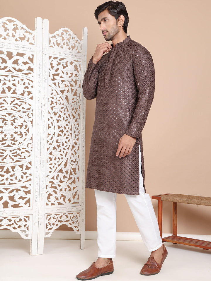 Embroidered And Sequence Kurta With Pyjama For Men.