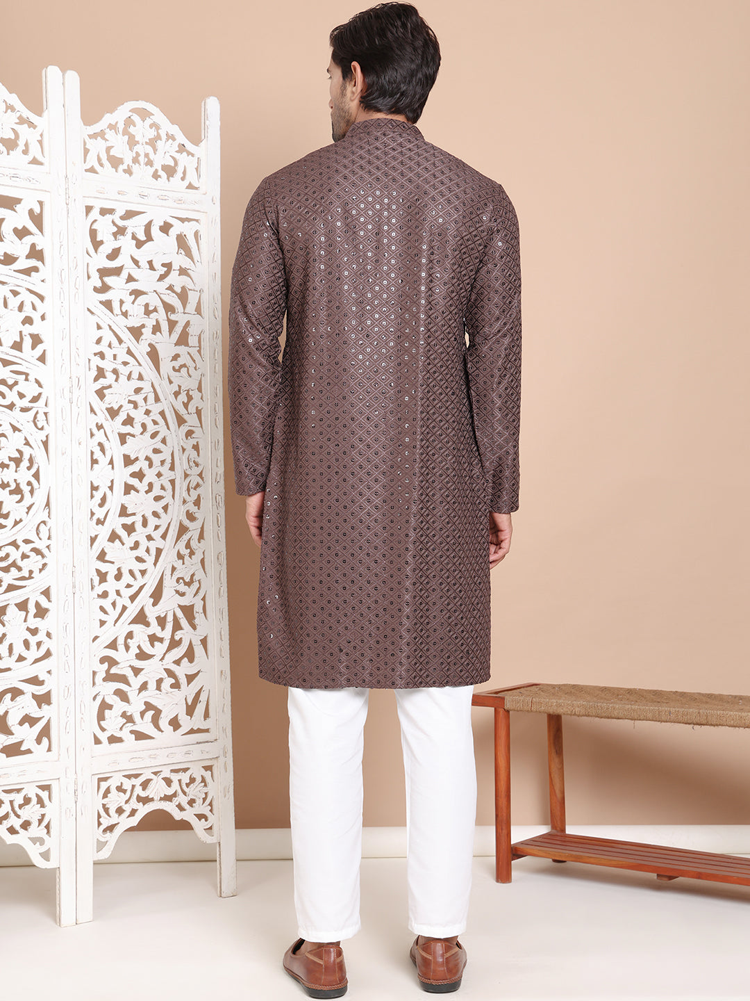 Embroidered And Sequence Kurta With Pyjama For Men.