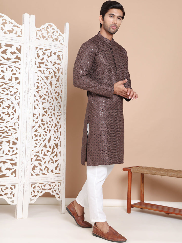 Embroidered And Sequence Kurta With Pyjama For Men.