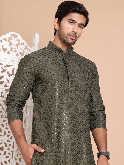 Embroidered And Sequence Kurta With Pyjama For Men.