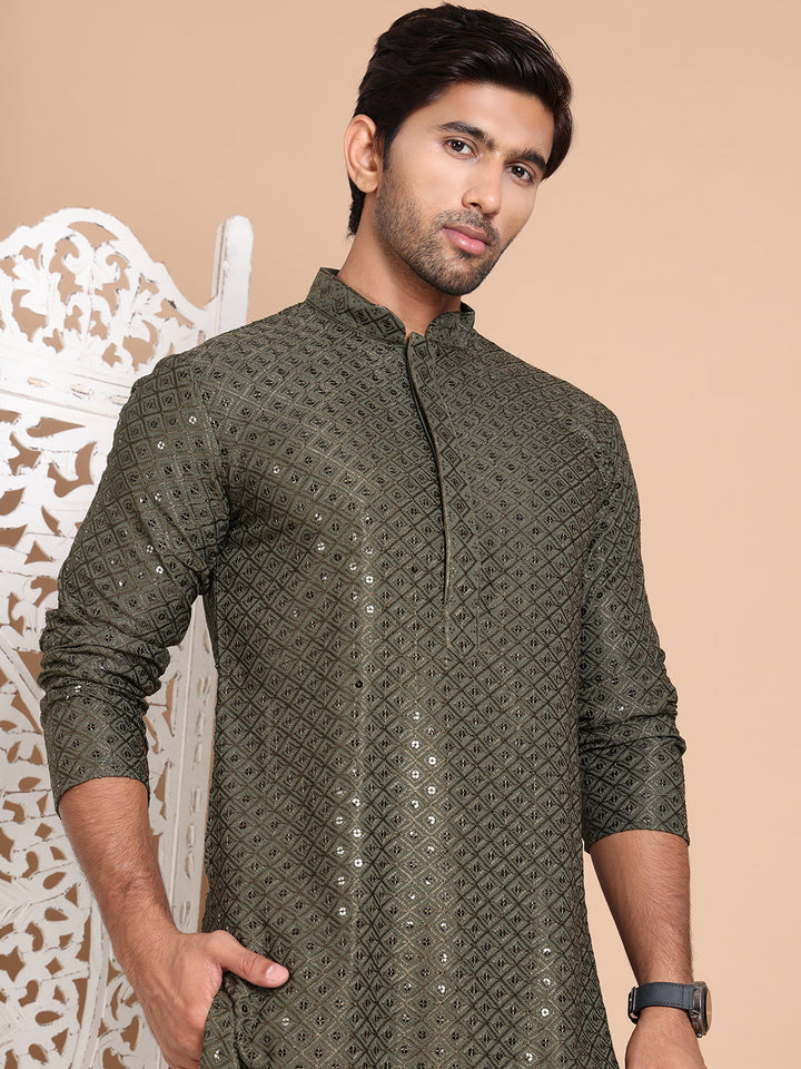 Embroidered And Sequence Kurta With Pyjama For Men.