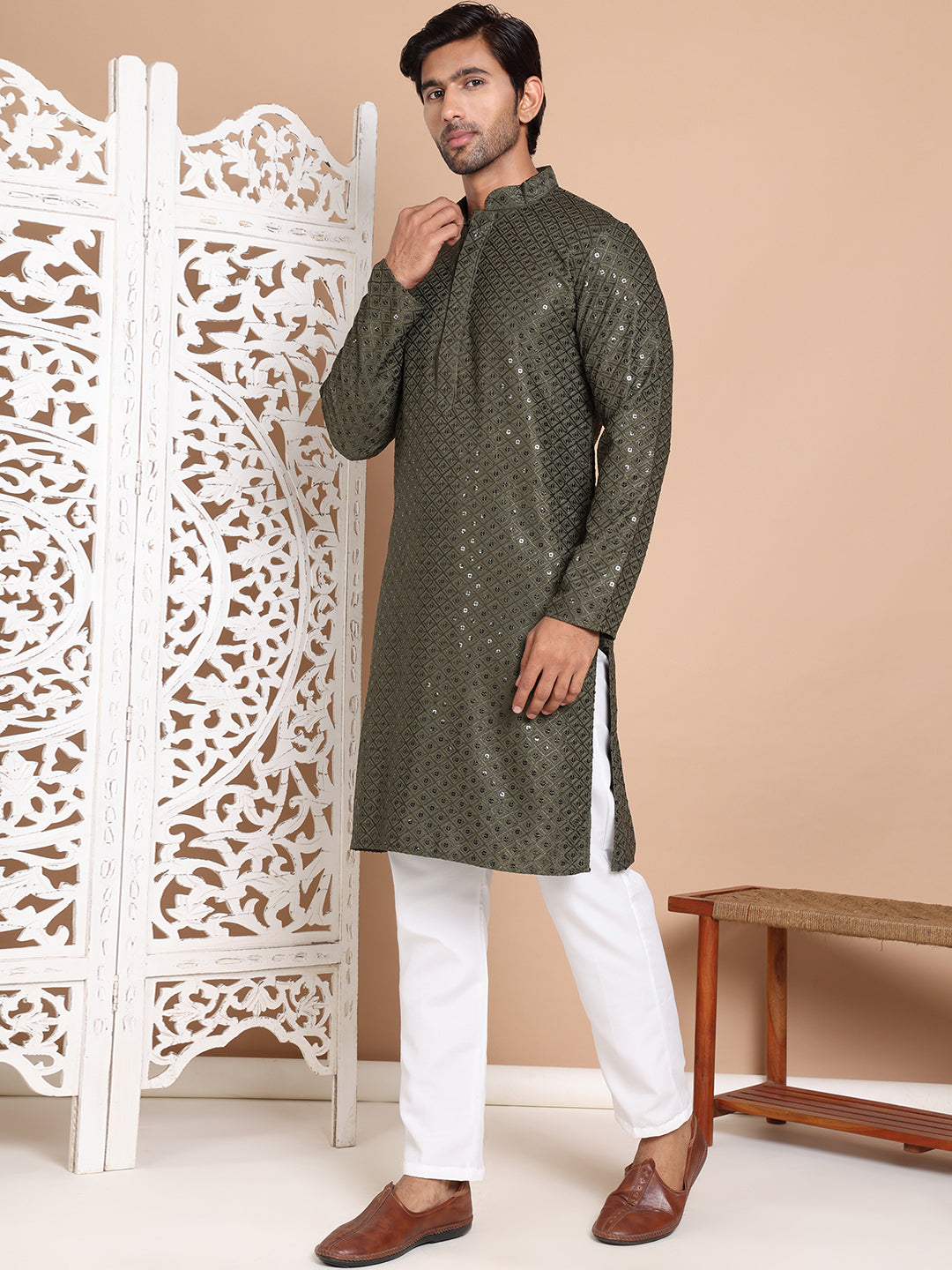 Embroidered And Sequence Kurta With Pyjama For Men.