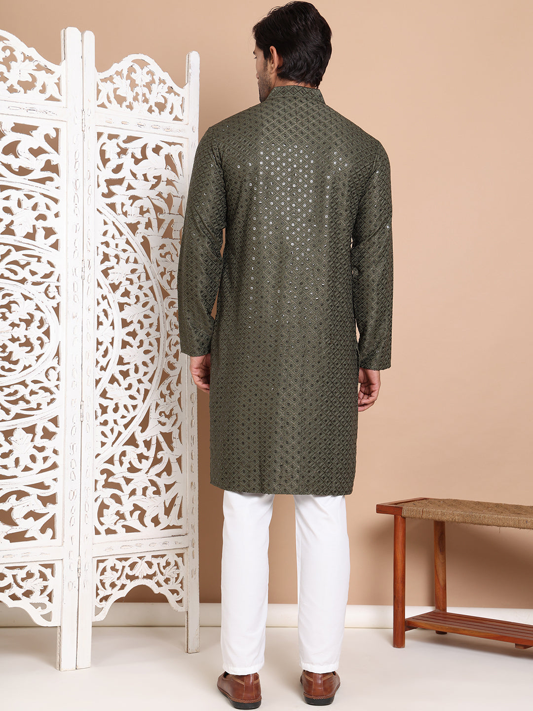 Embroidered And Sequence Kurta With Pyjama For Men.