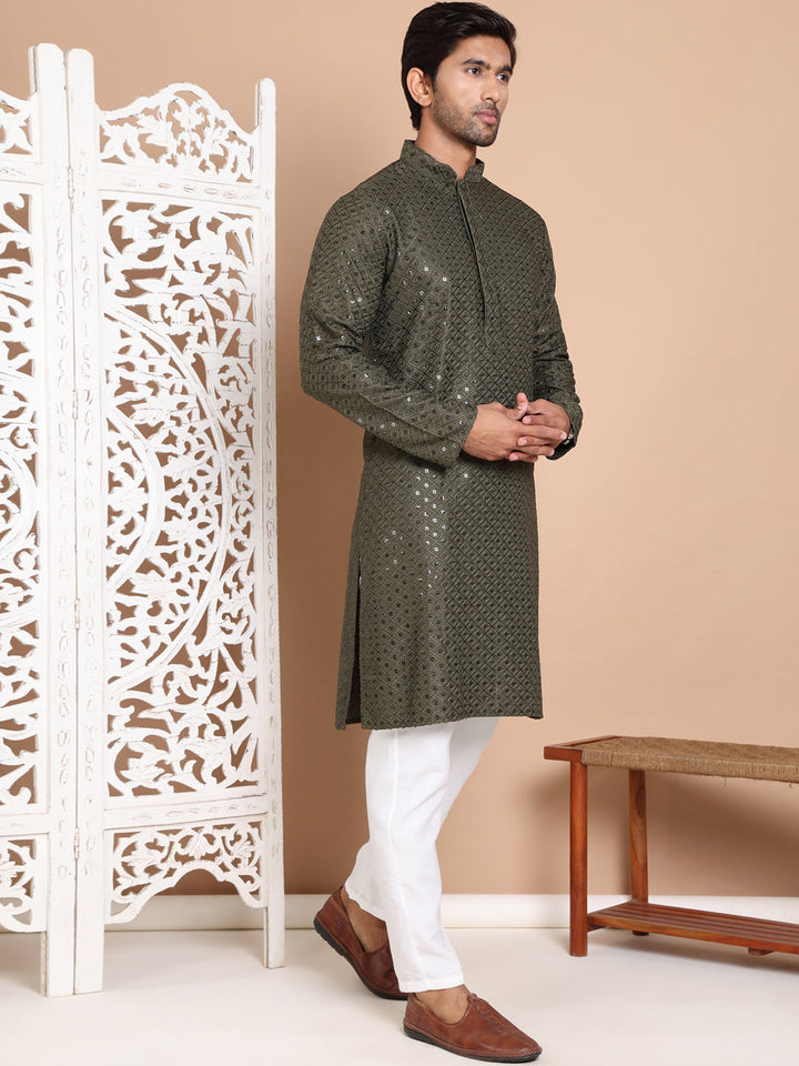 Embroidered And Sequence Kurta With Pyjama For Men.
