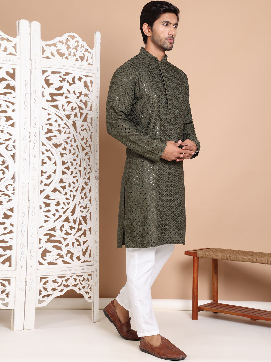 Embroidered And Sequence Kurta With Pyjama For Men.