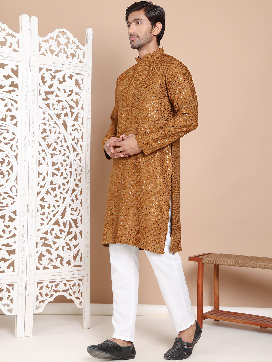 Embroidered And Sequence Kurta With Pyjama For Men.