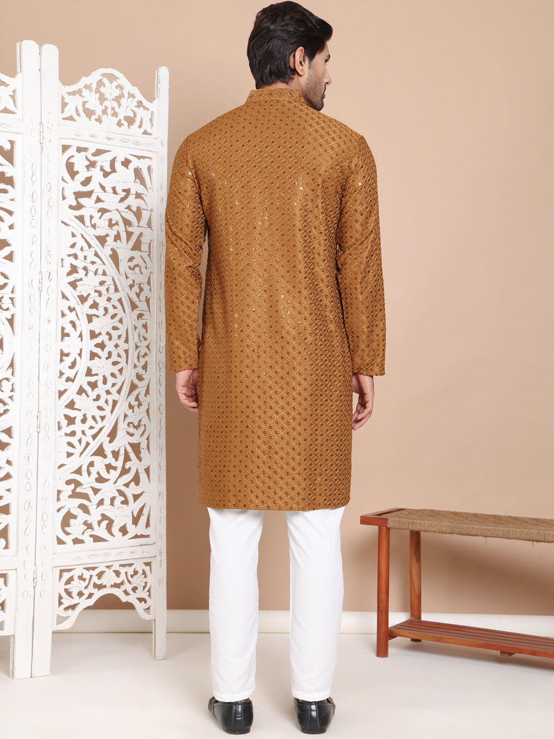 Embroidered And Sequence Kurta With Pyjama For Men.