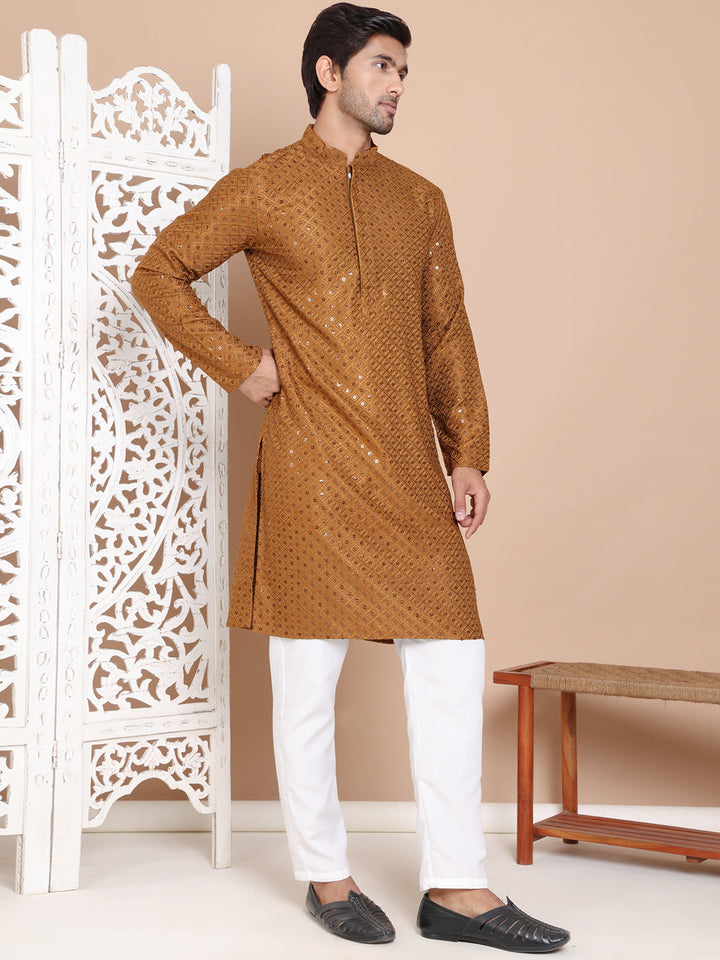 Embroidered And Sequence Kurta With Pyjama For Men.