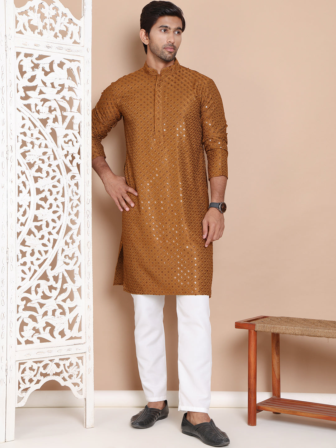 Embroidered And Sequence Kurta With Pyjama For Men.