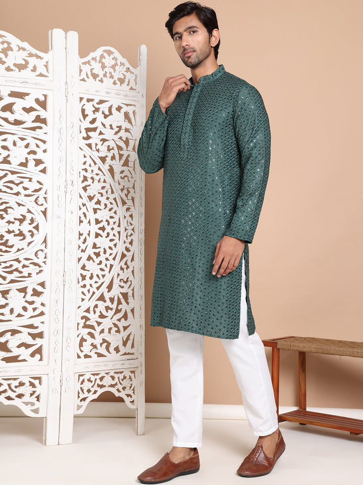 Embroidered And Sequence Kurta With Pyjama For Men.