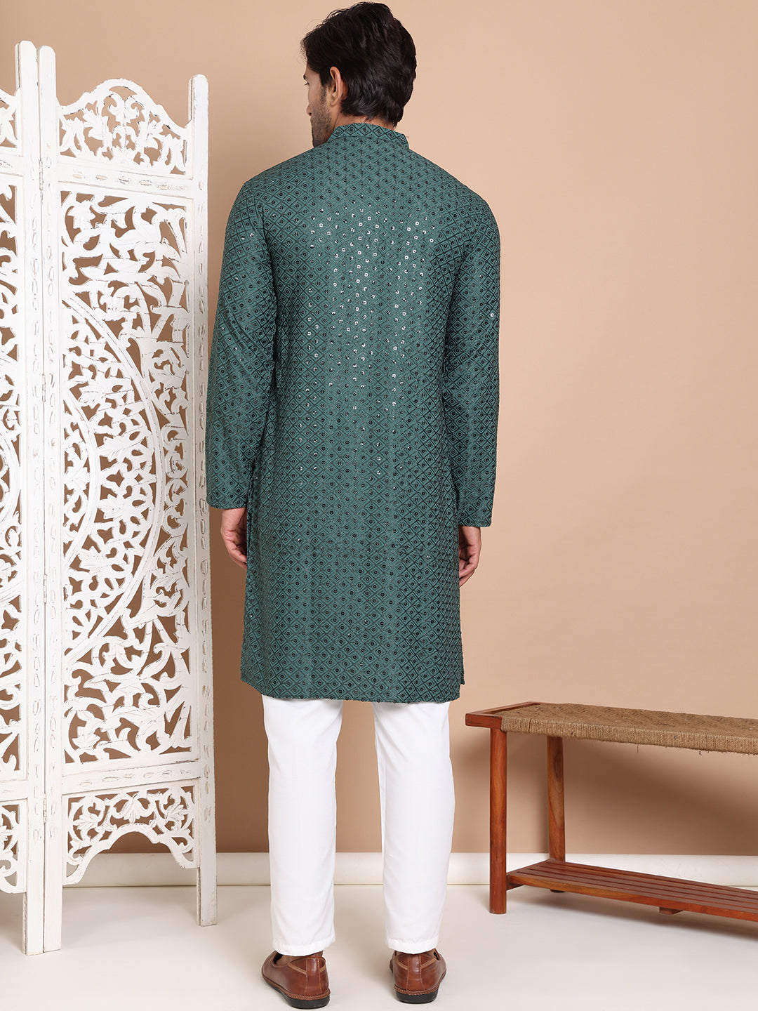 Embroidered And Sequence Kurta With Pyjama For Men.