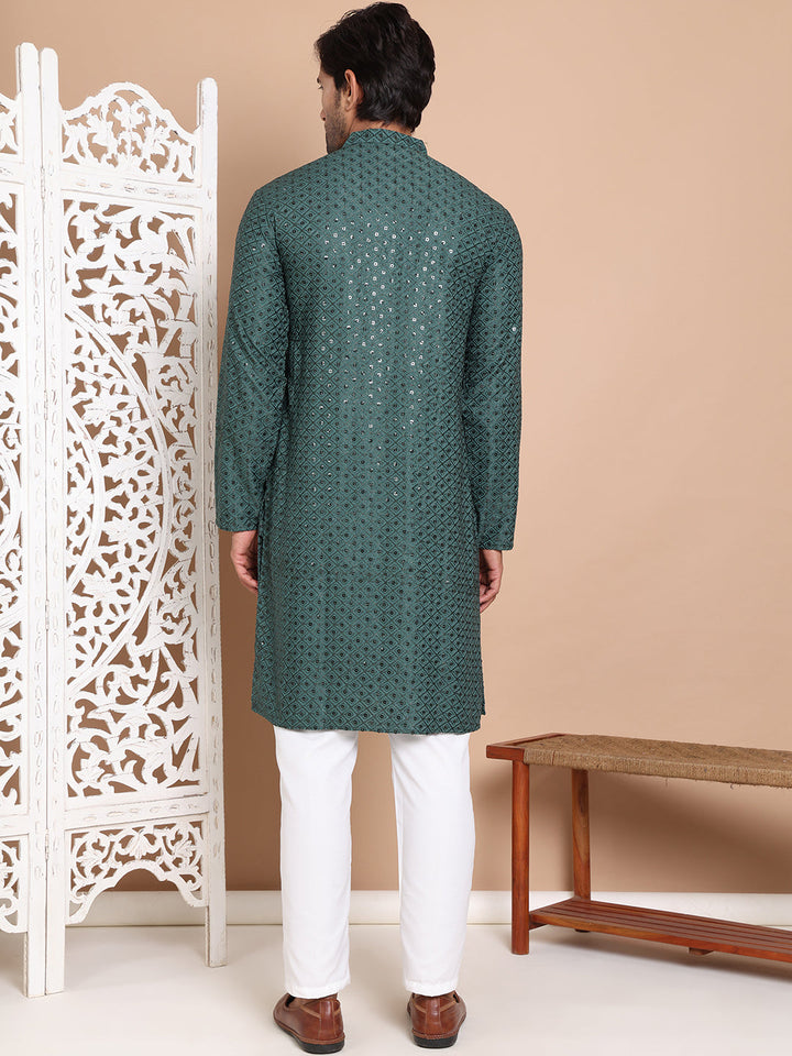 Embroidered And Sequence Kurta With Pyjama For Men.