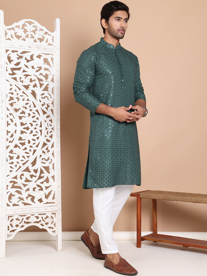 Embroidered And Sequence Kurta With Pyjama For Men.