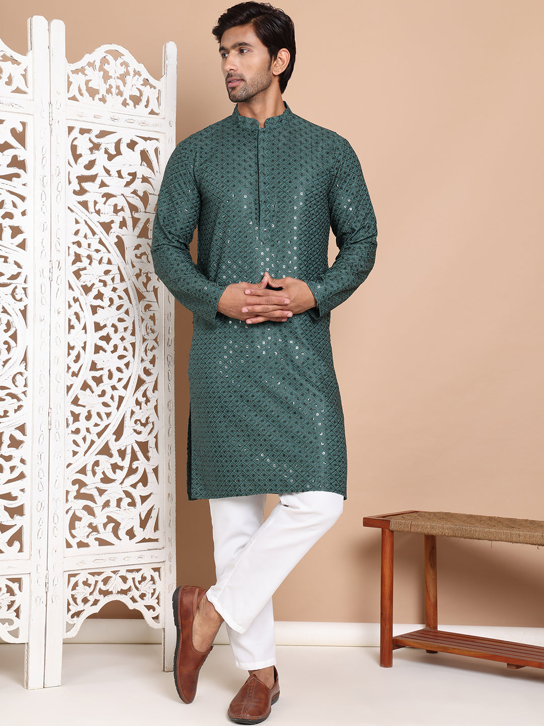 Embroidered And Sequence Kurta With Pyjama For Men.