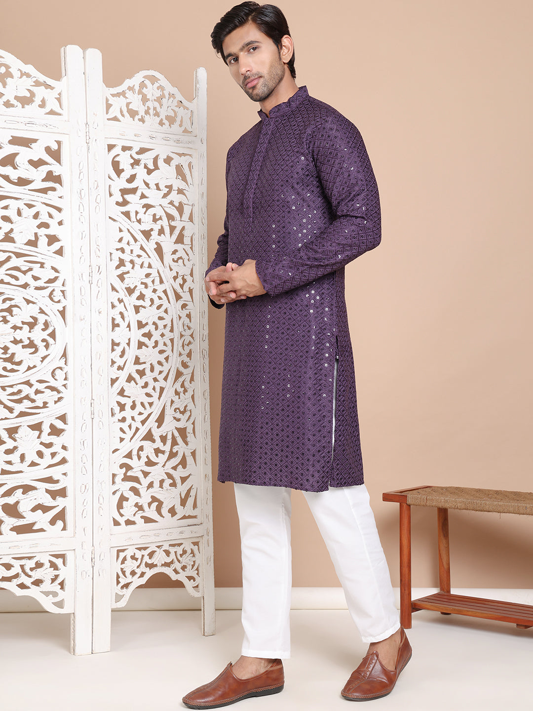 Embroidered And Sequence Kurta With Pyjama For Men.