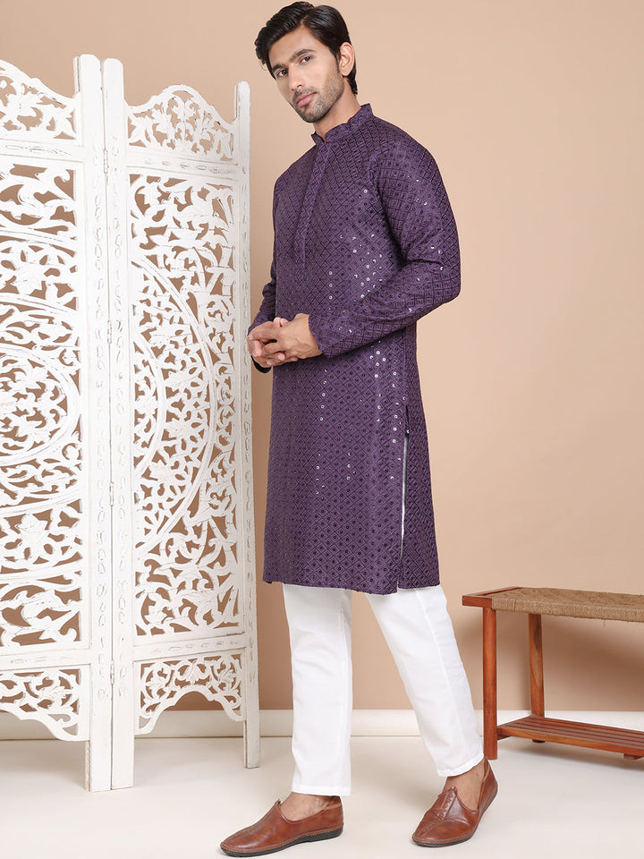 Embroidered And Sequence Kurta With Pyjama For Men.