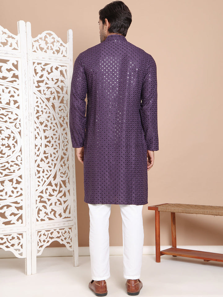 Embroidered And Sequence Kurta With Pyjama For Men.